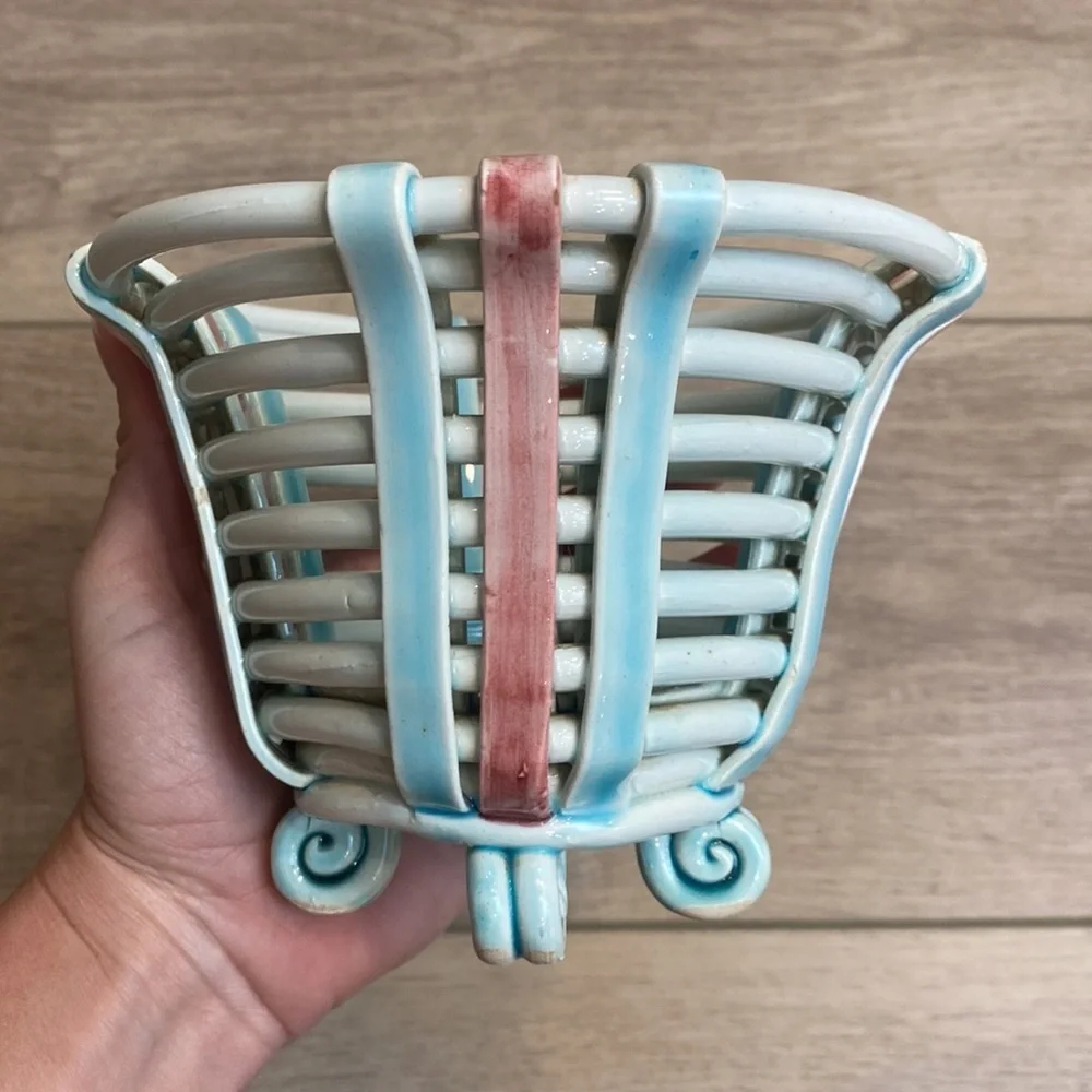Vintage Italian Ceramic Basket Coil Pot‎ Luminary Cache Pot Boho French Country